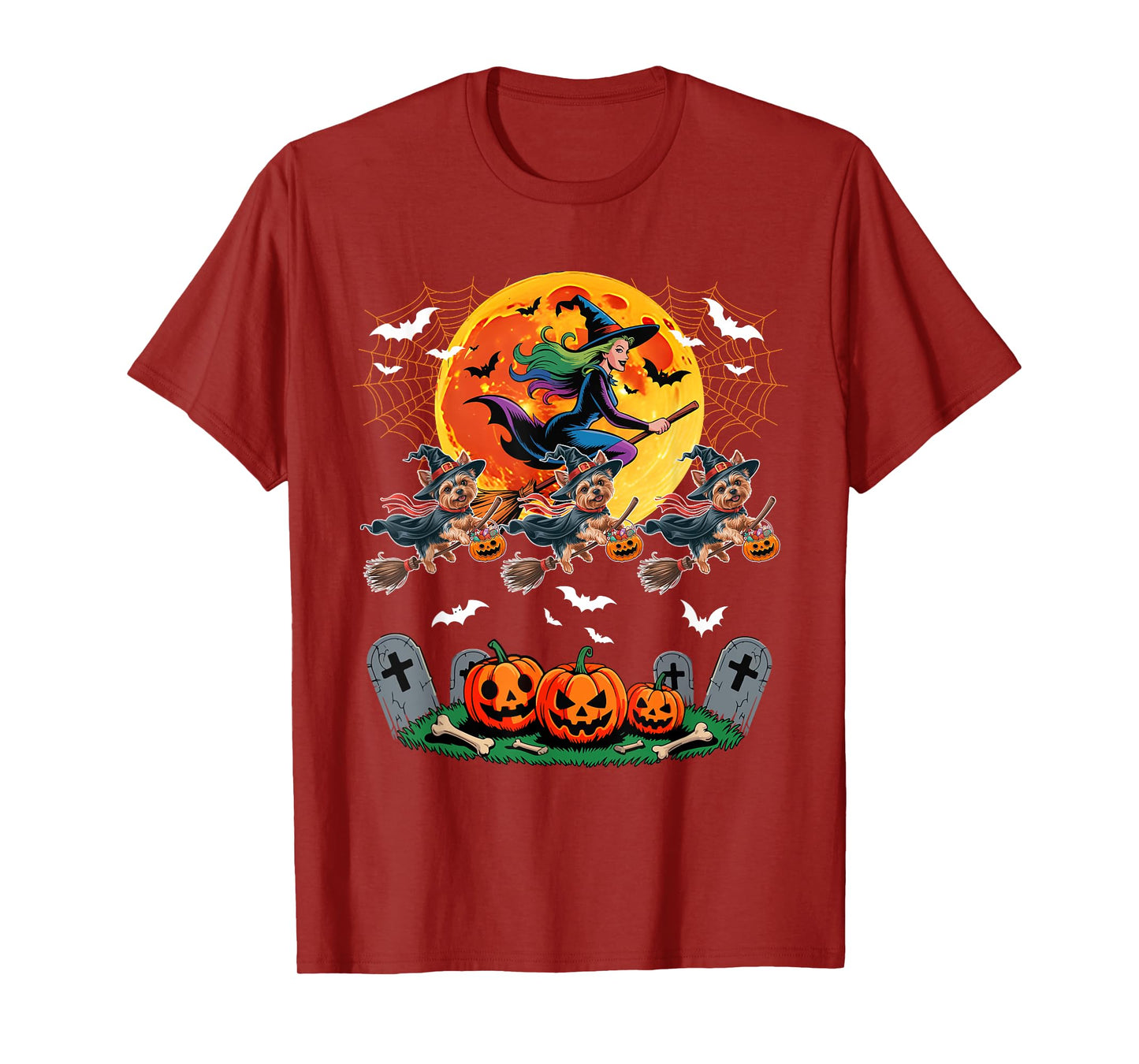 Yorkshire Terriers Cosplay Witch On Broomstick Halloween T-Shirt