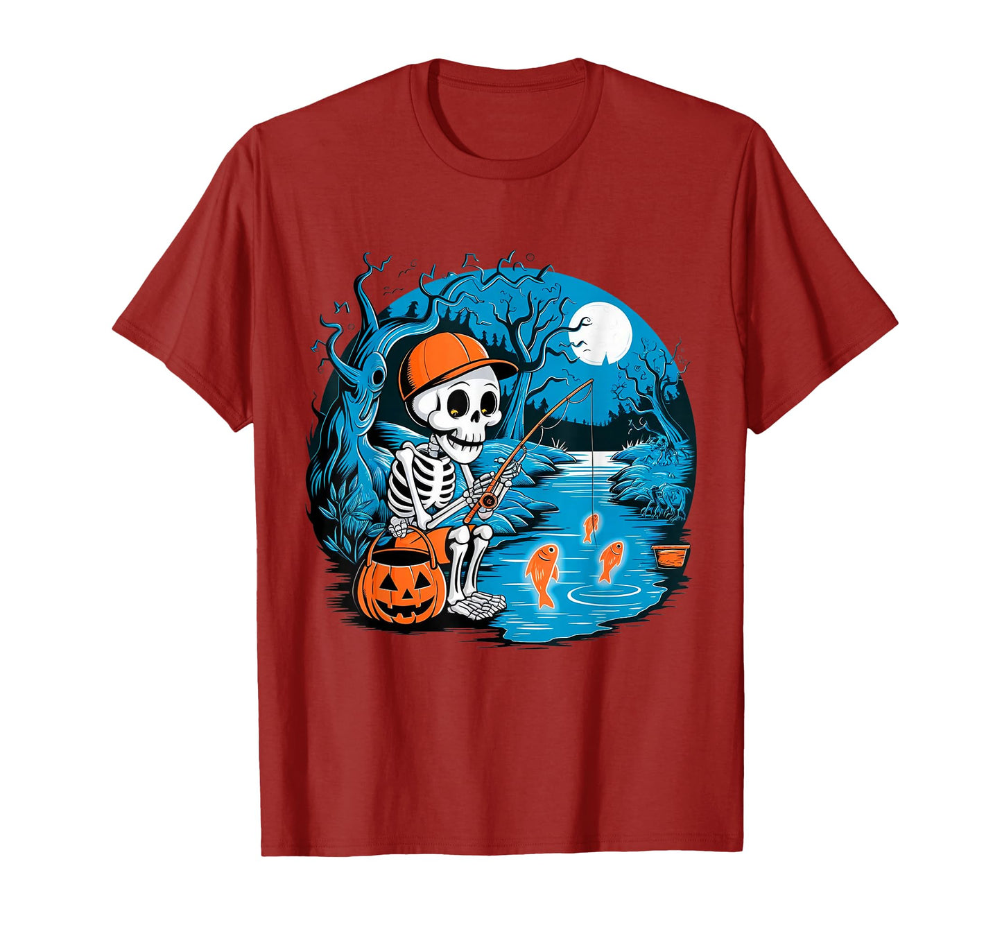 Spooky Fishing Skeleton Halloween Creepy Fisherman Boys Kids T-Shirt