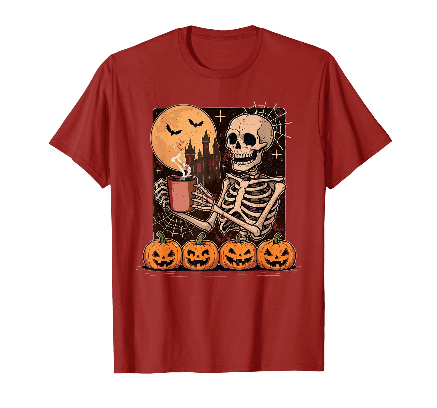 Vintage Skeleton with Coffee and Pumpkin Spooky Halloween T-Shirt