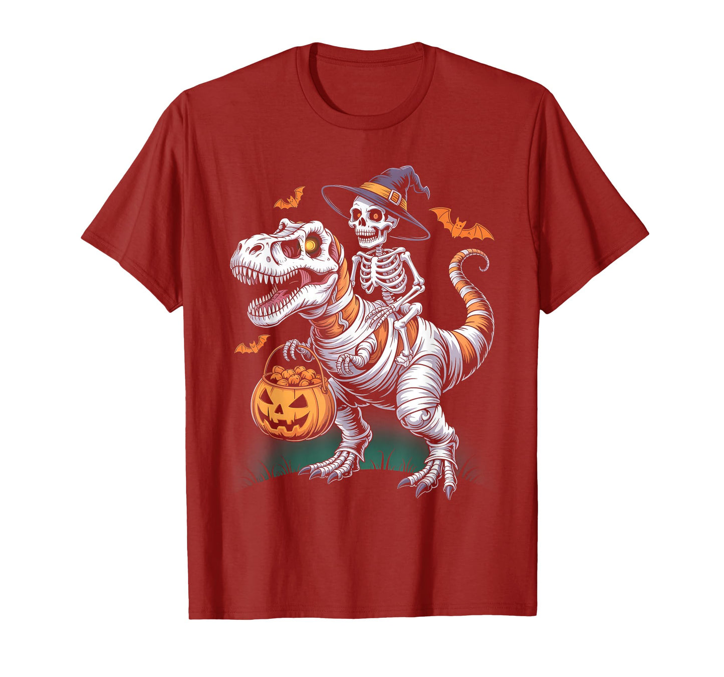 Funny Skeleton Riding Mummy Dinosaur Pumpkin Halloween T-Shirt