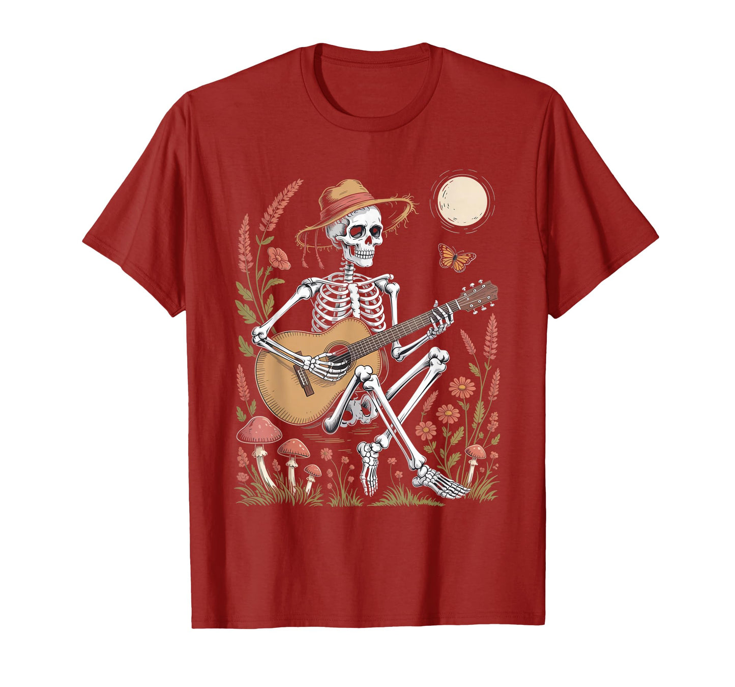 Skeleton Playing Guitar Under Moon Funny Spooky Folk Outfit T-Shirt