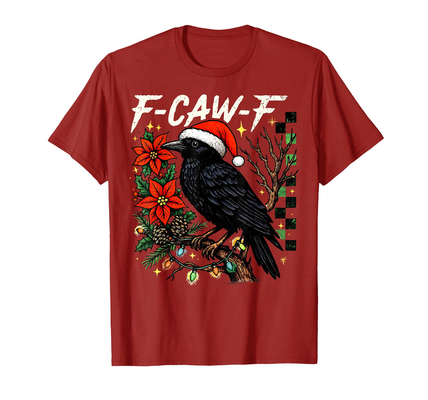 Black Crow F-Caw-F Funny Retro Christmas Lights Santa Hat T-Shirt