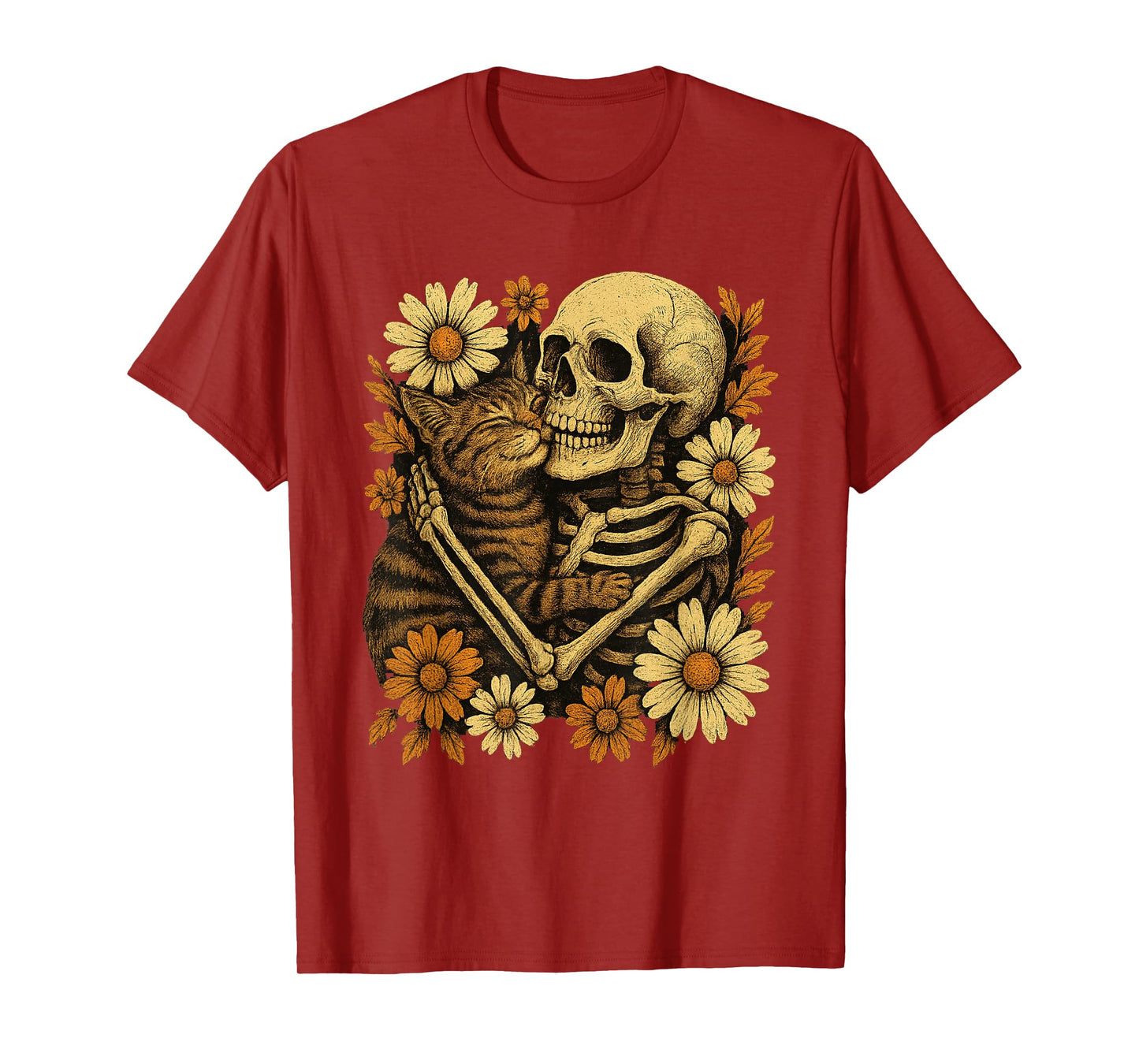 Floral Skeleton Hugging Cat Halloween Cat Lover Cat Mom Dad T-Shirt