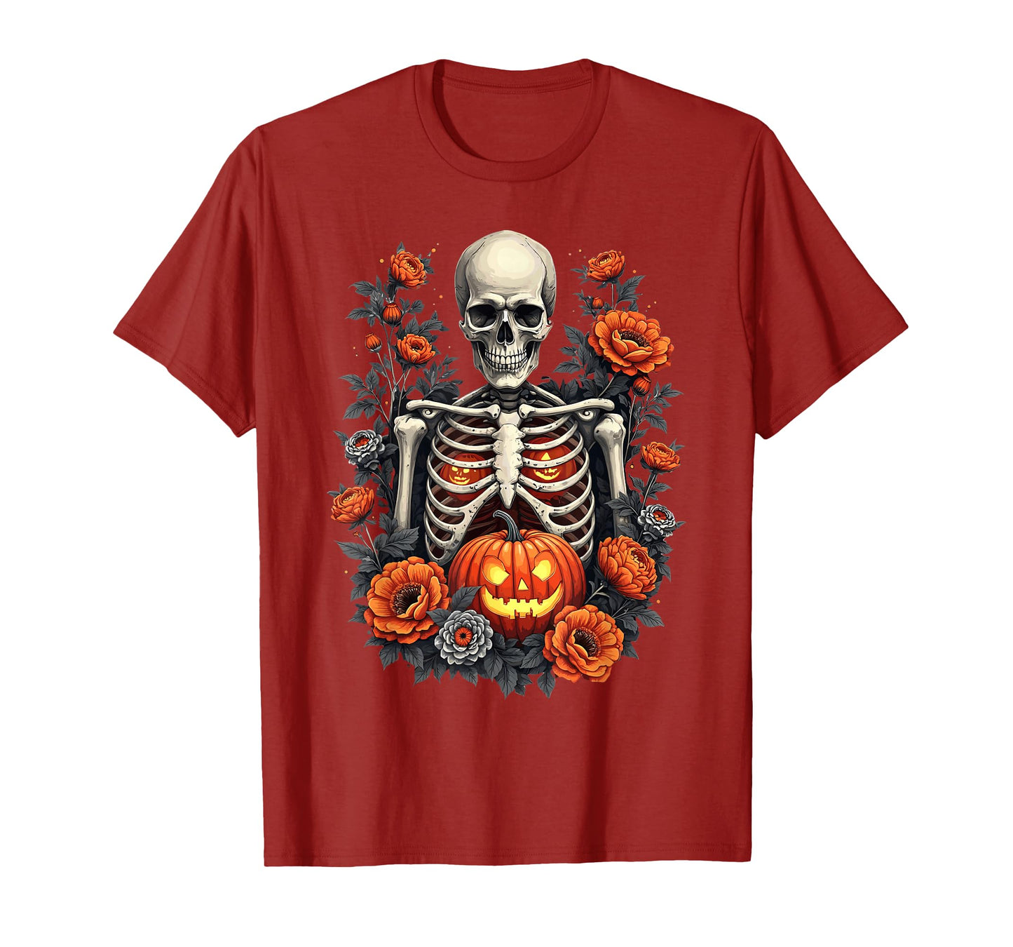 Retro Skeleton Floral Ribcage Pumpkin Fall Halloween Costume T-Shirt