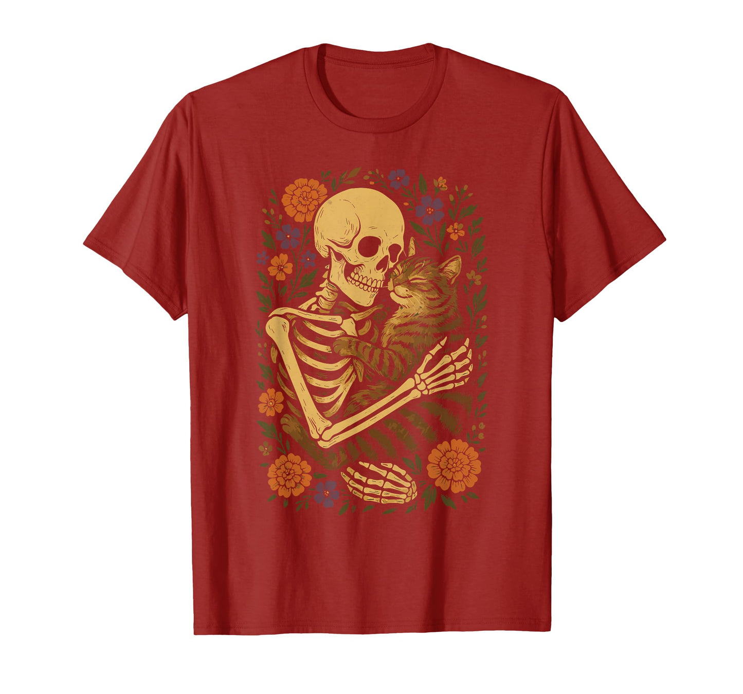Skeleton Hugging Cat Halloween Gothic Floral Cat Lover T-Shirt