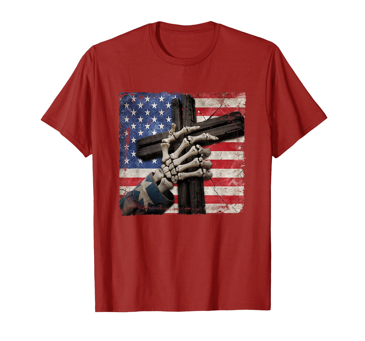 Skeleton Hand Holding Cross American Flag Patriotic Gothic T-Shirt