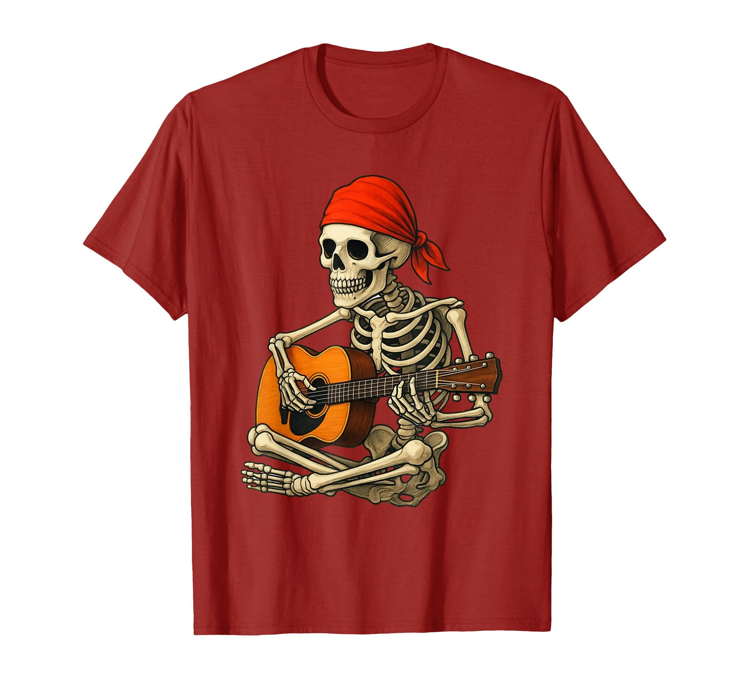 Skeleton Playing Guitar with Red Bandana Music Lover T-Shirt