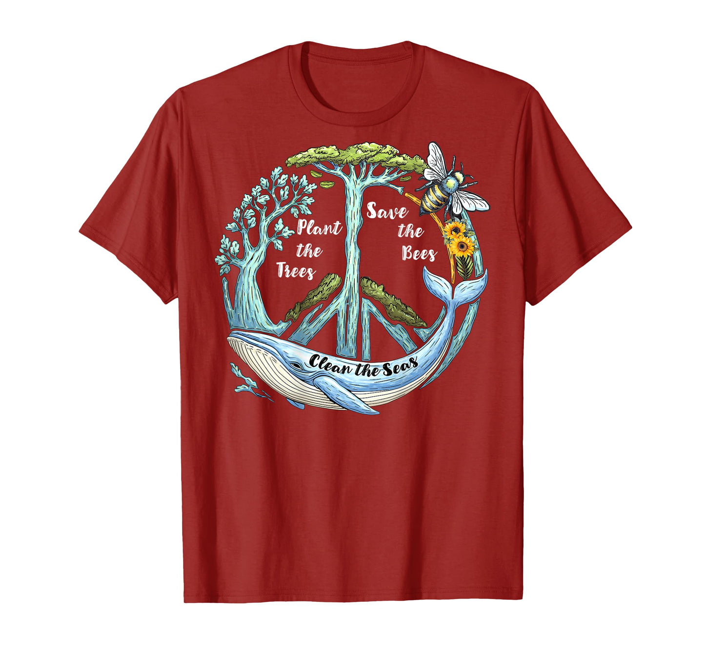 On Back Plant the Trees Save the Bees Peace Sign Earth Day T-Shirt