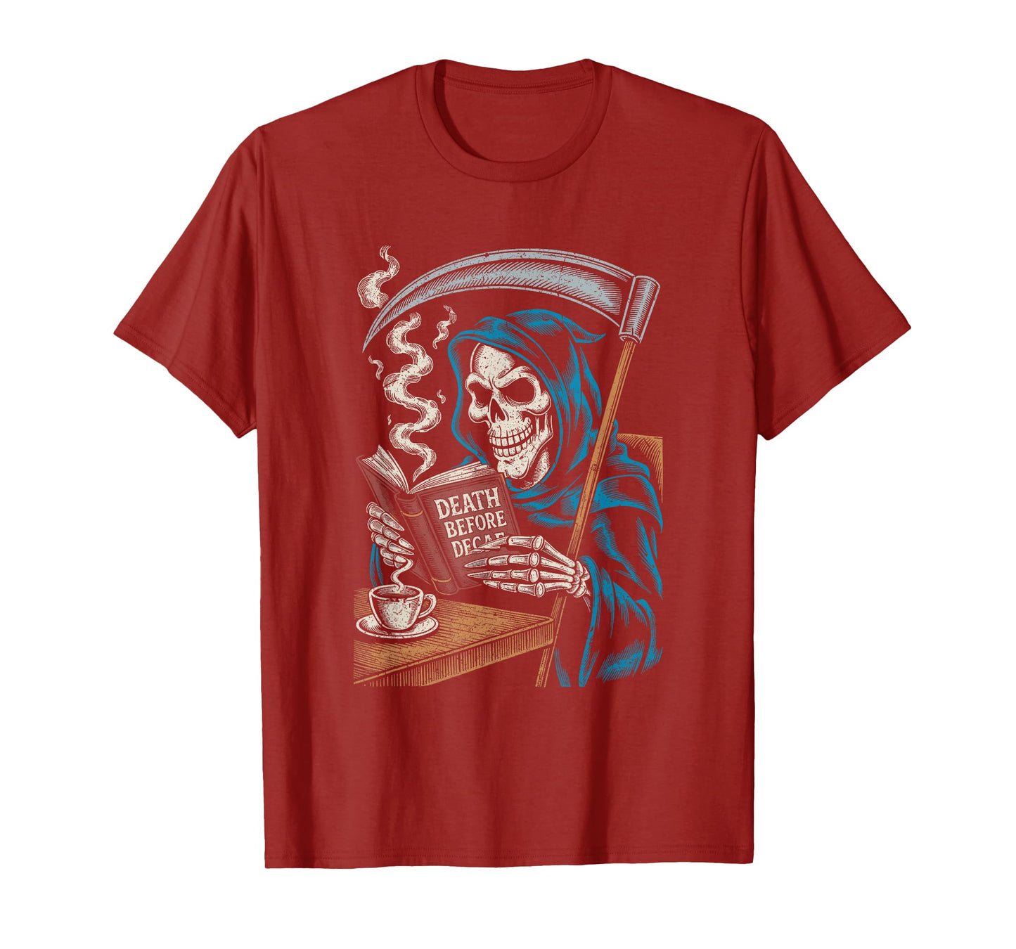 Grim Reaper Reading with Coffee Cup Halloween Horror Fun T-Shirt