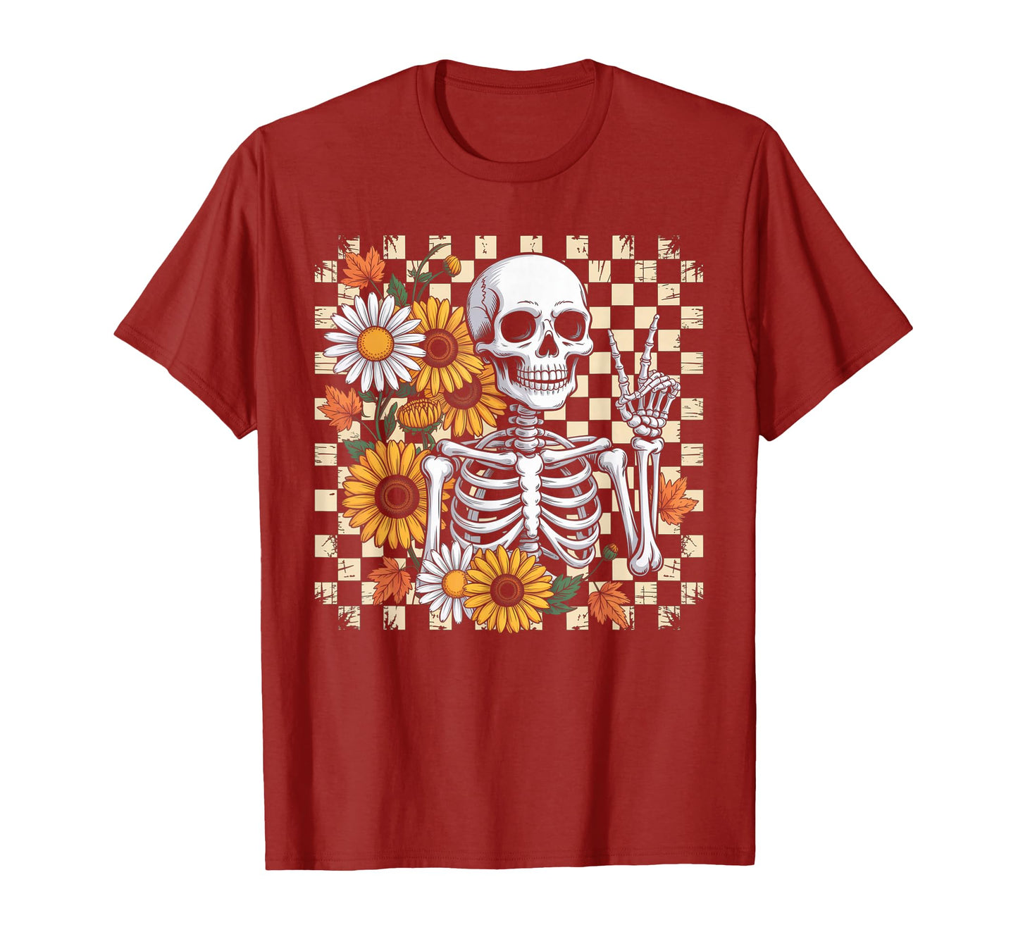 Retro Fall Skeleton Halloween Skeleton Flower Spooky Season T-Shirt