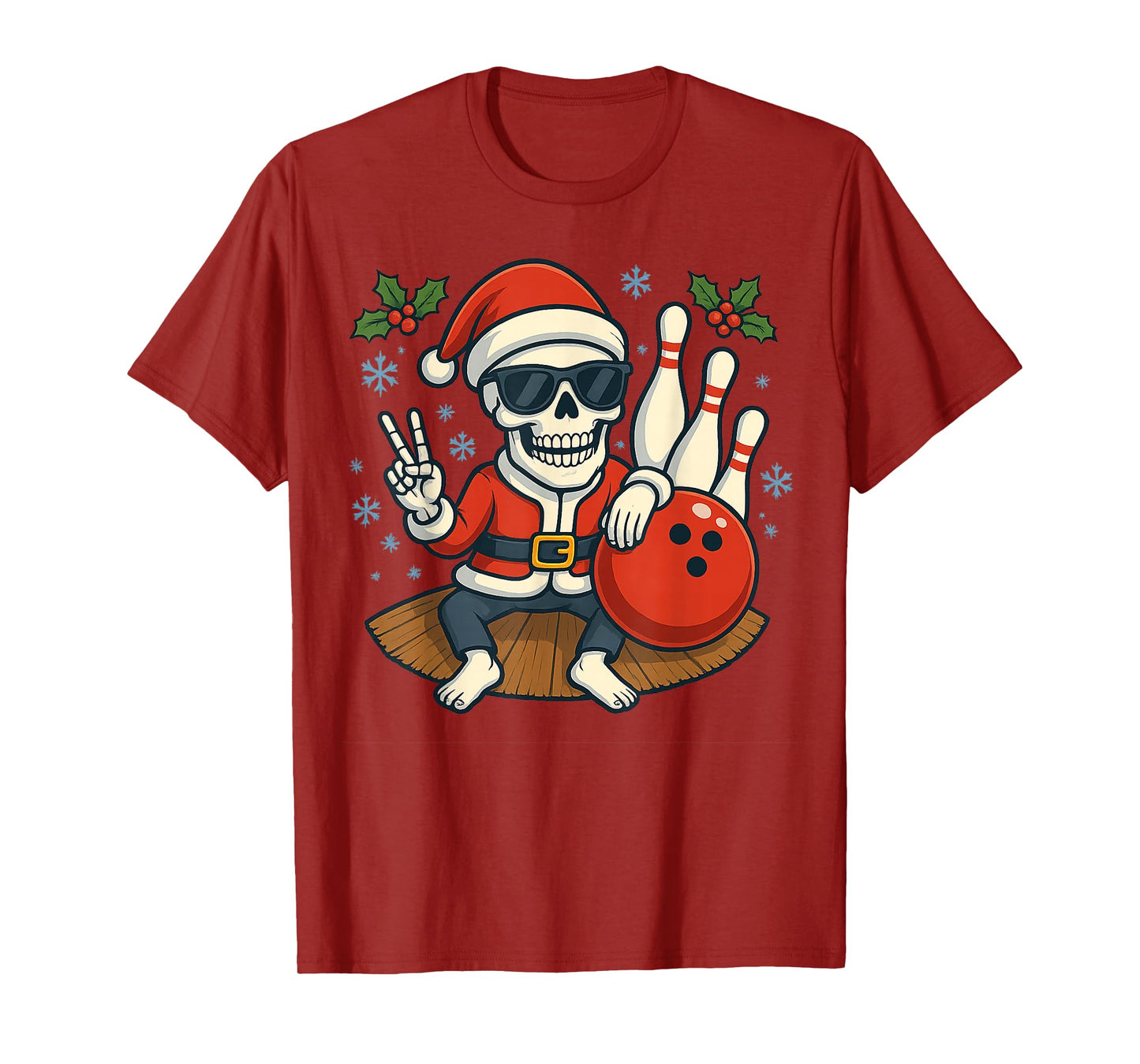 Cute Santa Skeleton Bowling Christmas Funny Holiday Vibes T-Shirt