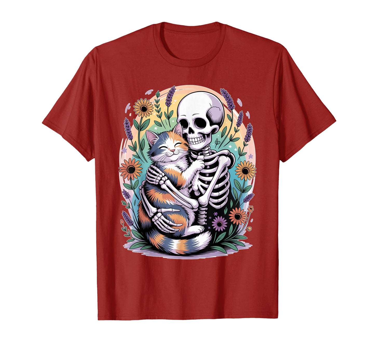 Funny Skeleton Hugging Cat Mom Dad Halloween Cats Lovers T-Shirt