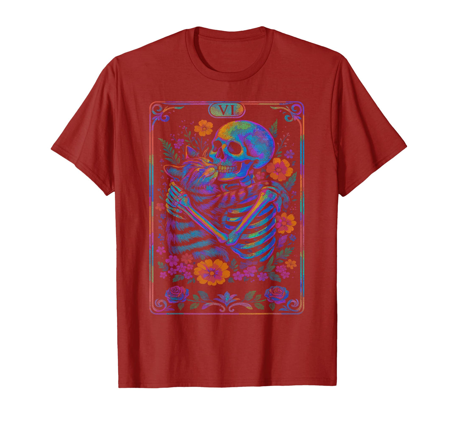 Skeleton Hugging Cat Floral Tarot Card Pastel Love Halloween T-Shirt