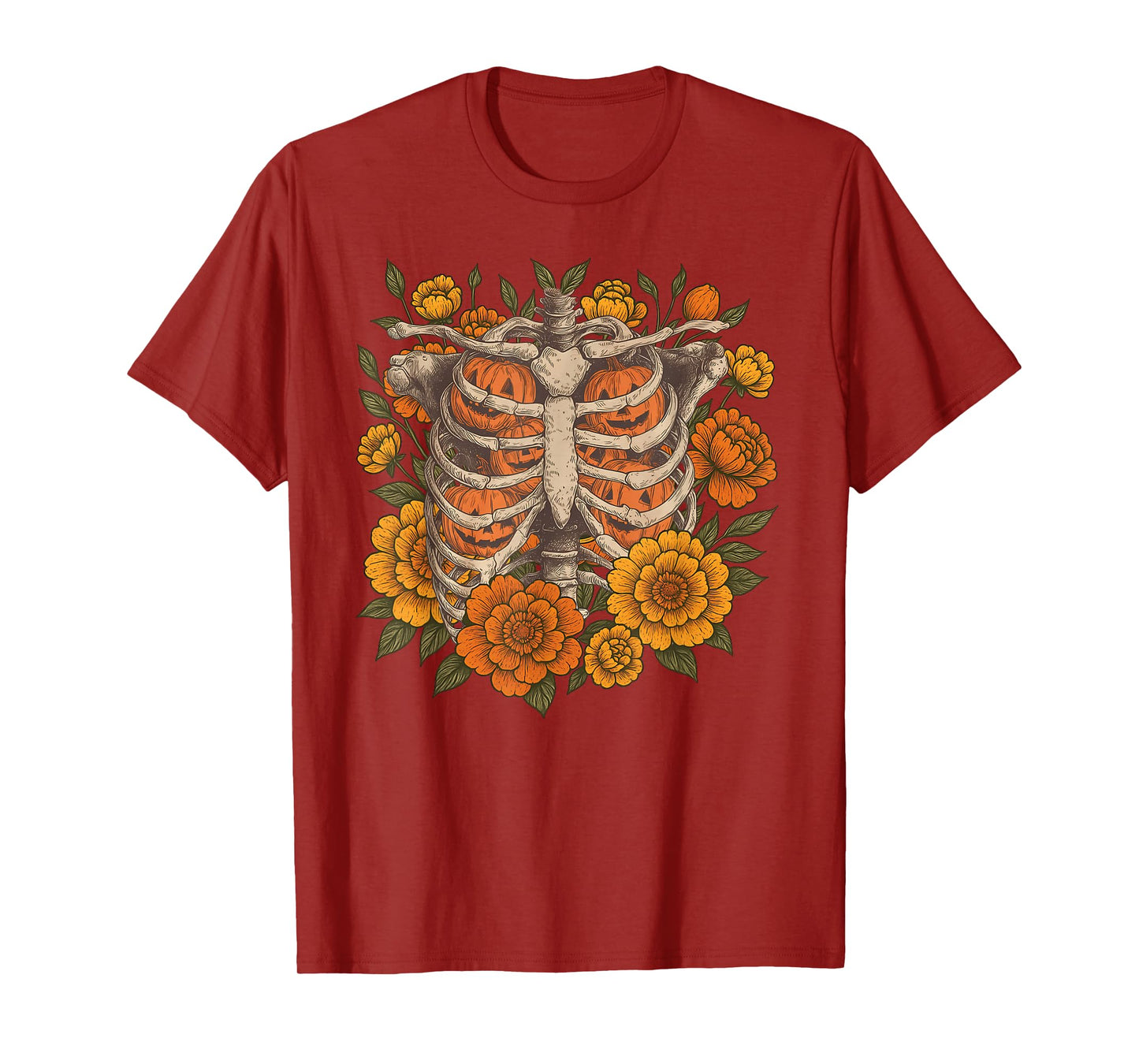 Retro Halloween Ribcage Pumpkins Skeleton Spooky Season T-Shirt