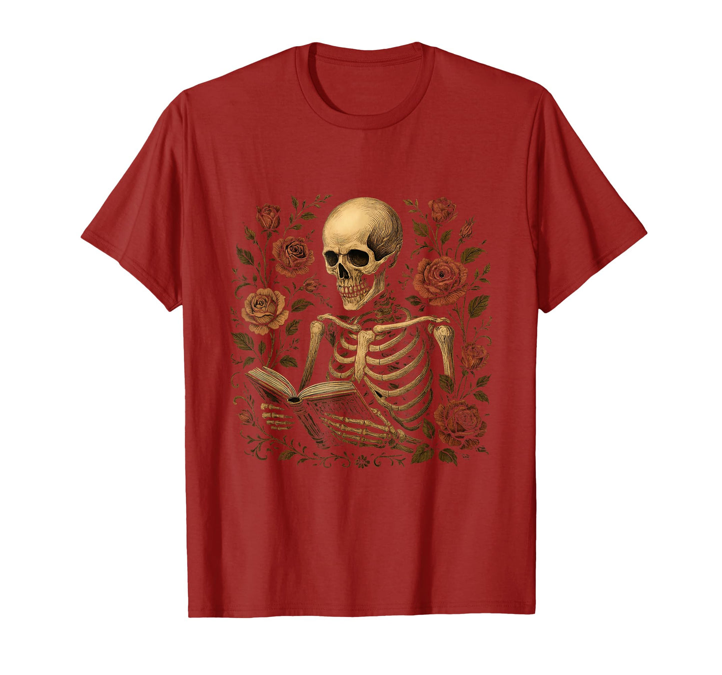 Gothic Skeleton Reading Surrounded by Vintage Roses Art T-Shirt