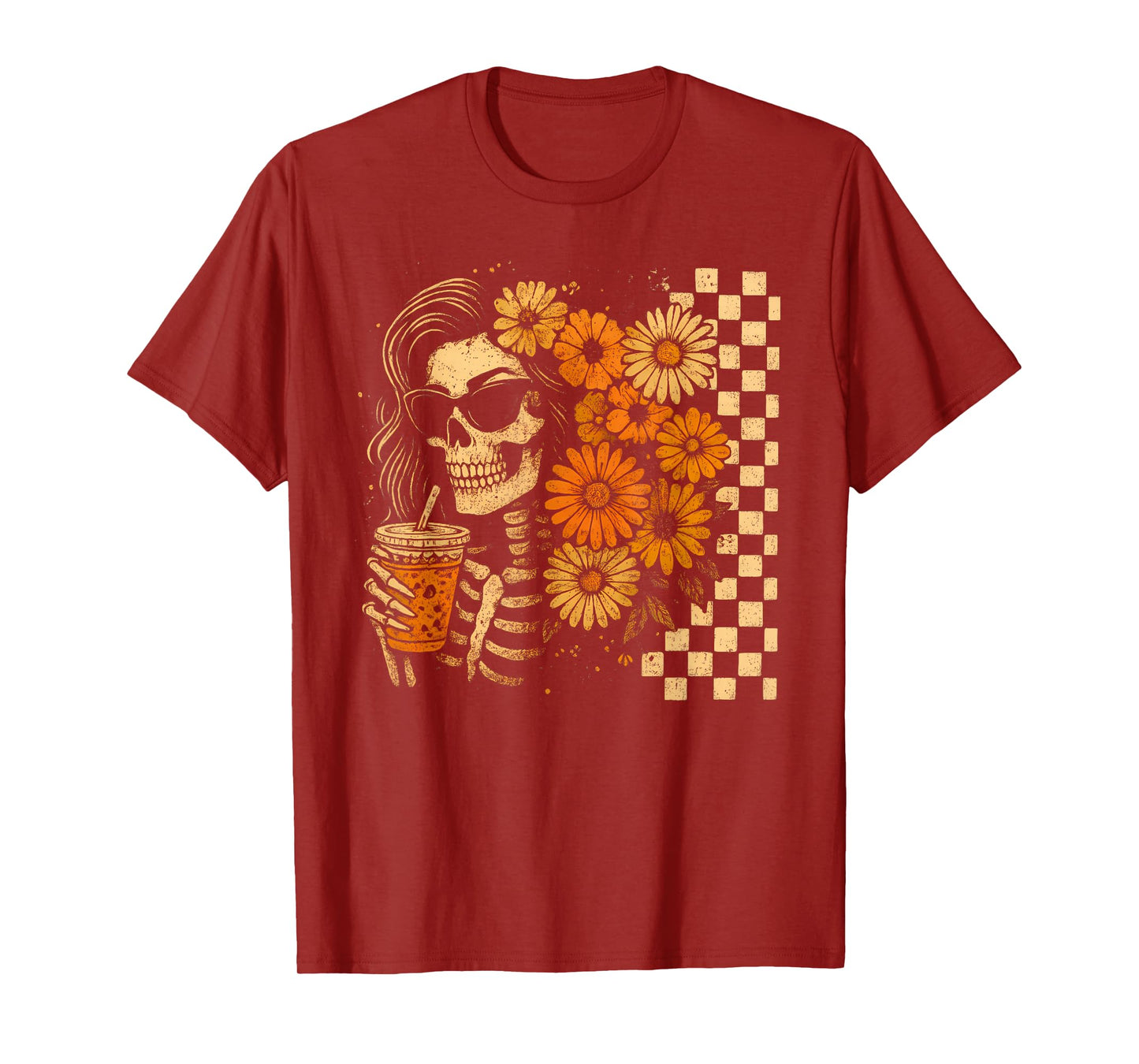 Skeleton Coffee Flowers Grunge Tee T-Shirt
