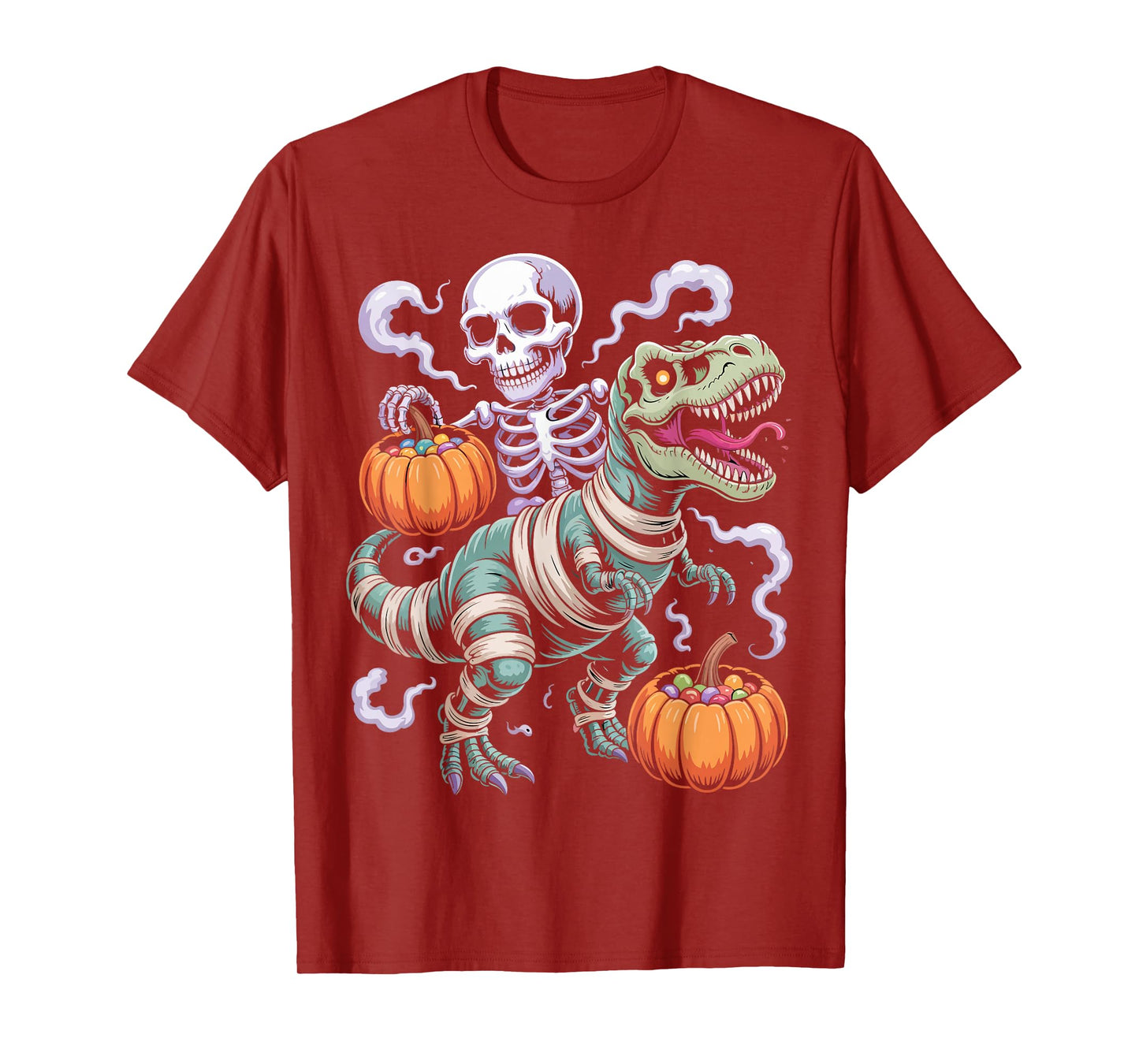 Skeleton Riding Mummy Dinosaur T Rex Funny Halloween T-Shirt