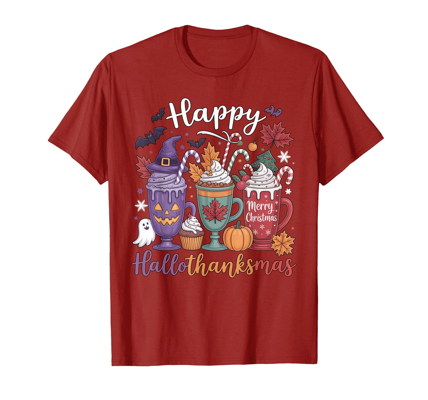 Happy Hallothanksmas Coffee Lover Halloween Merry Christmas T-Shirt