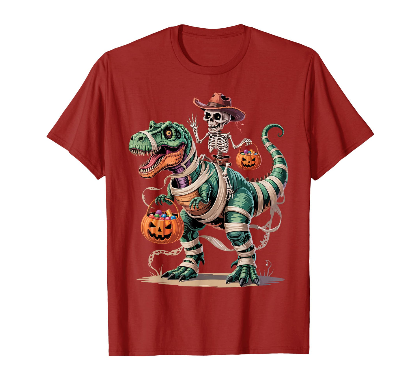 Funny Cowboy Skeleton Riding Mummy Dinosaur T rex Halloween T-Shirt