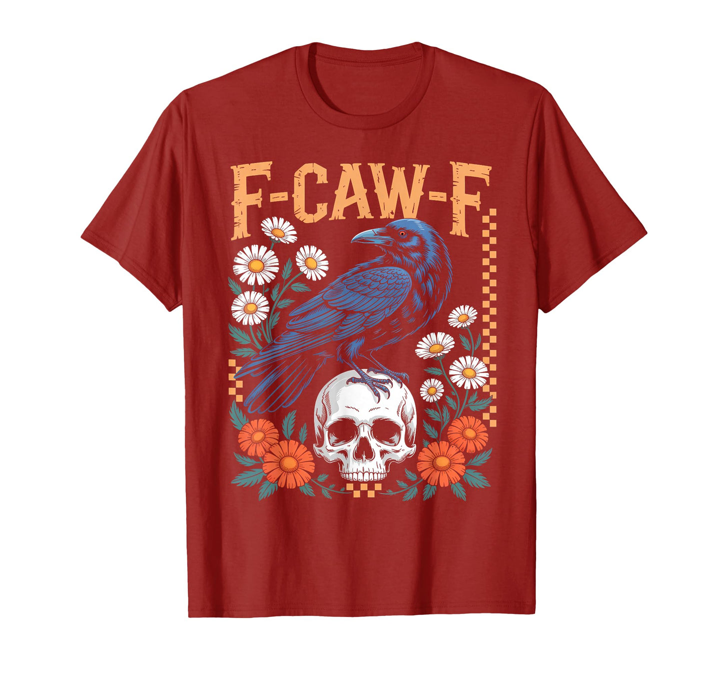 Black Crow F-Caw-F Black Bird Human Skull Floral Gothic T-Shirt