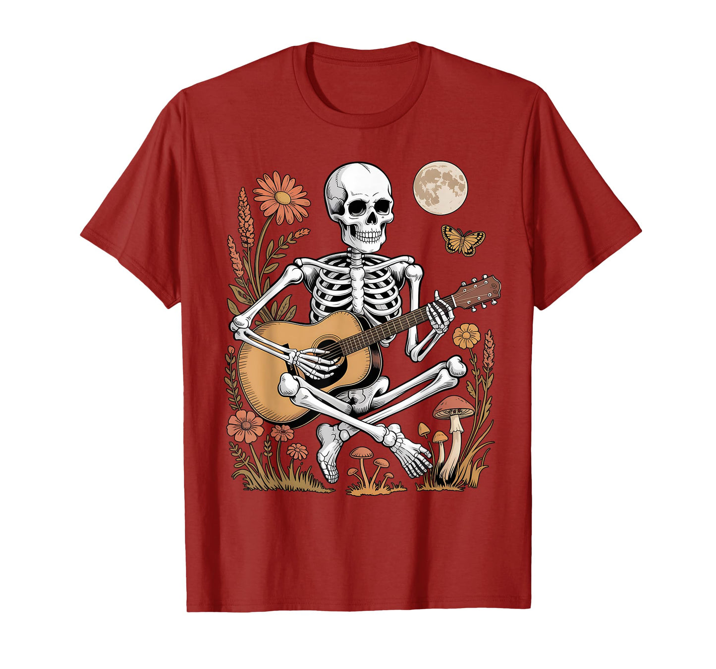 Skeleton Guitar Folk Music Halloween Autumn Night Scene T-Shirt
