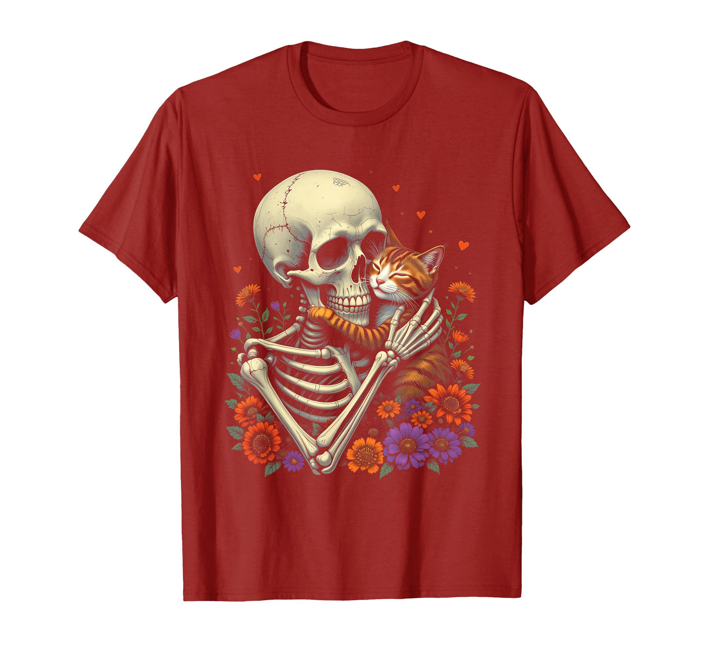 Skeleton Hugging Cat Halloween Floral Cat Lover Cat Mom Dad T-Shirt
