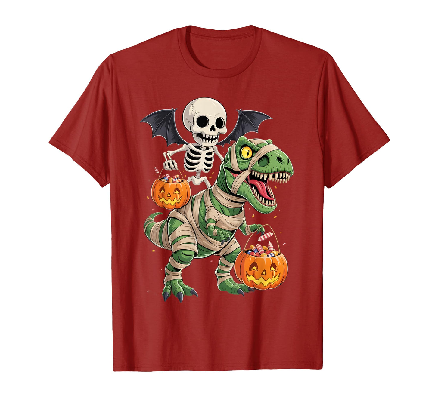 Skeleton Riding Mummy Dinosaur T rex Halloween Pumpkin Gifts T-Shirt