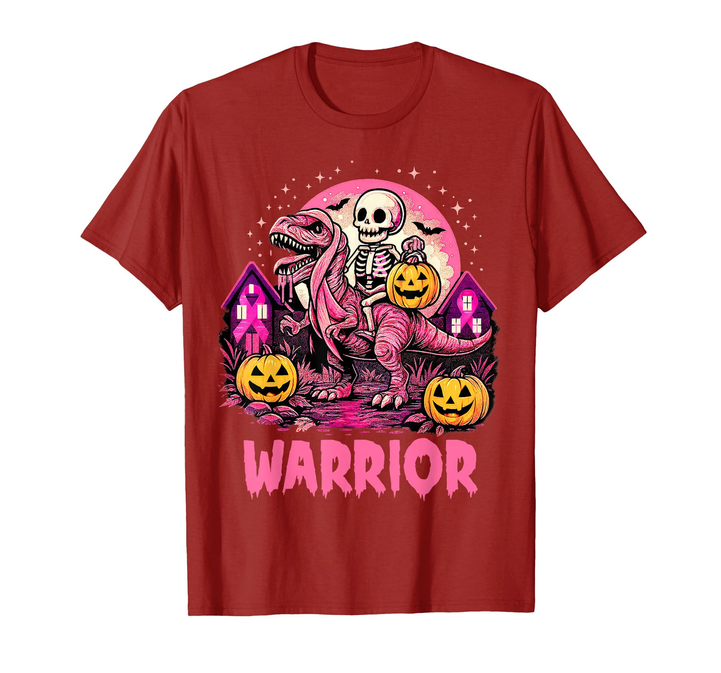 Skeleton Riding Dinosaur Scary Night Pumpkin Breast Cancer T-Shirt