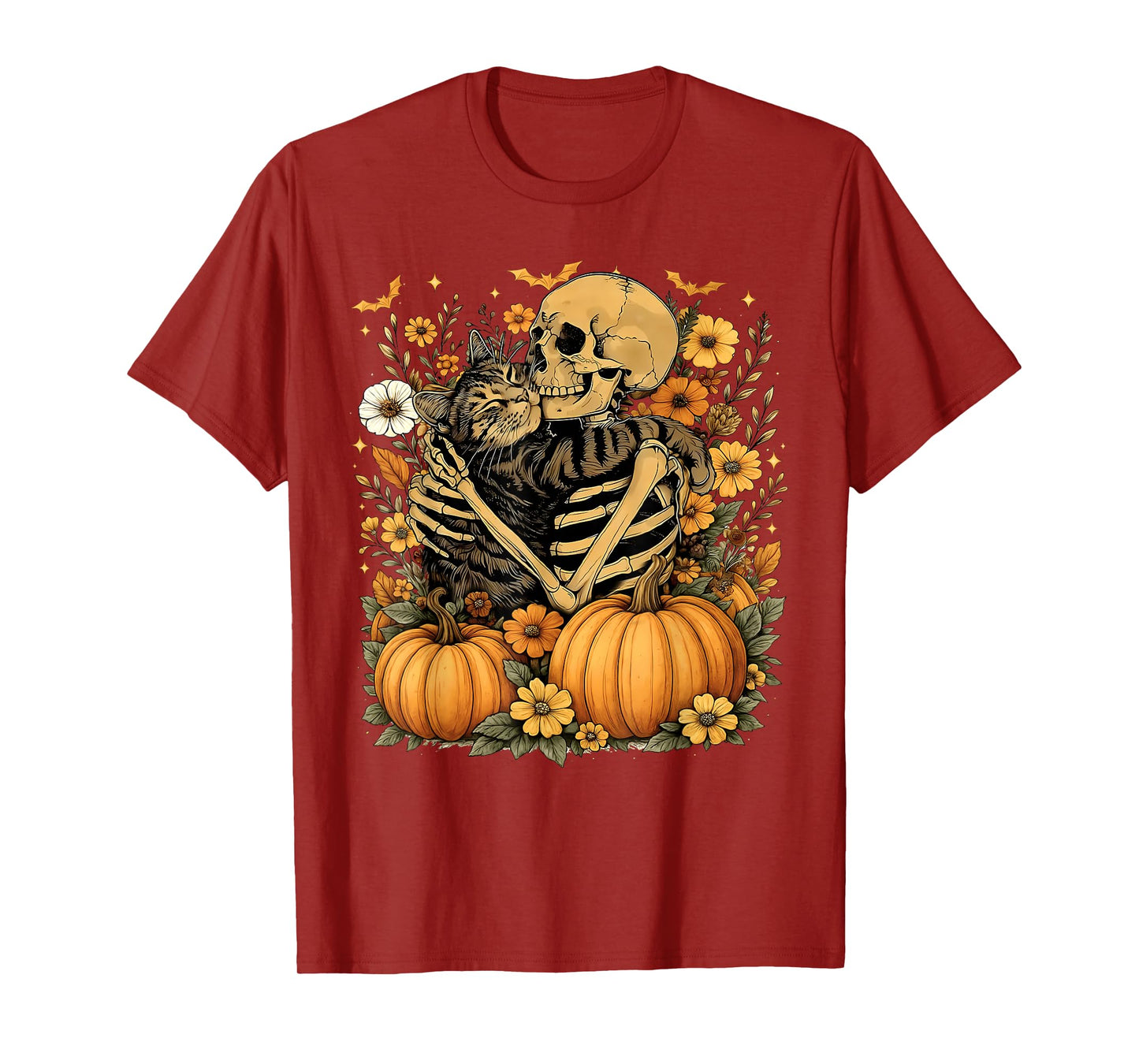 Skeleton Hugging Cat Floral Halloween Cats Lover T-Shirt