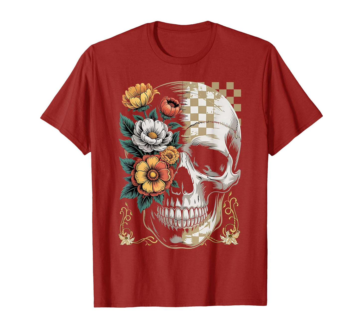 Retro Halloween Floral Autumn Skull Funny Spooky Skeleton T-Shirt