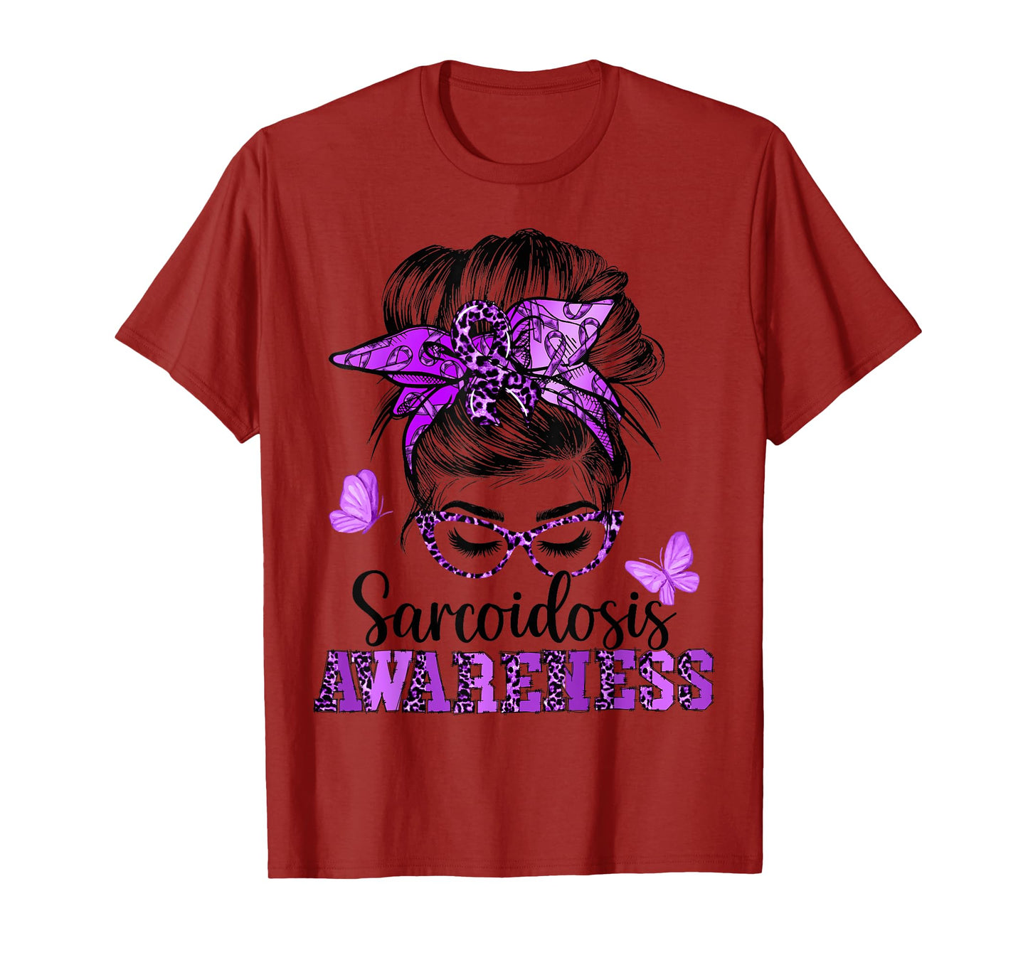 Messy Hair Bun Purple Ribbon Butterfly Sarcoidosis Awareness T-Shirt