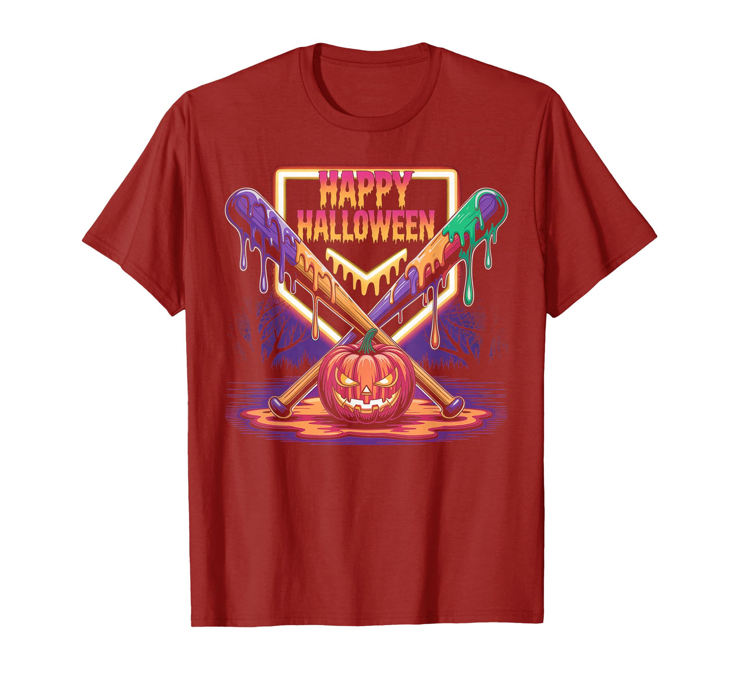 Halloween Pumpkin Baseball Crossed Bats Dripping Horror T-Shirt