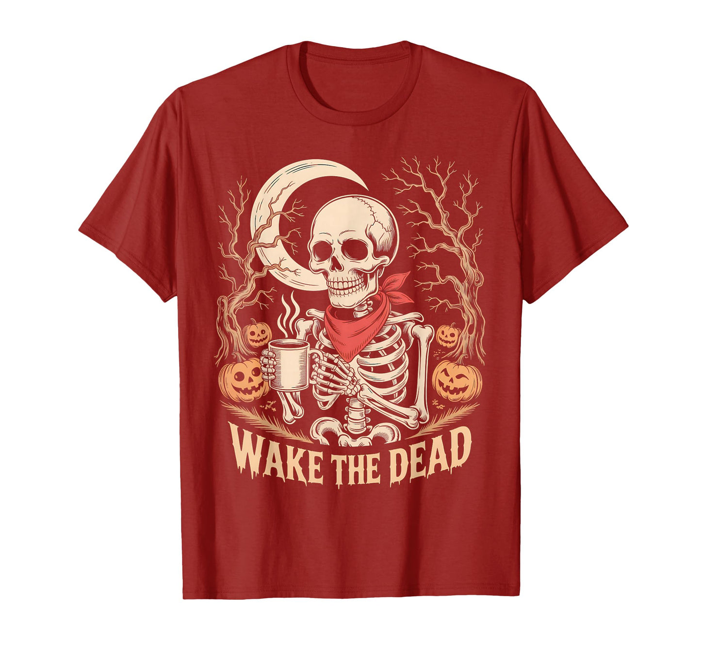 Wake The Dead Skeleton Coffee Pumpkin Halloween Crescent T-Shirt