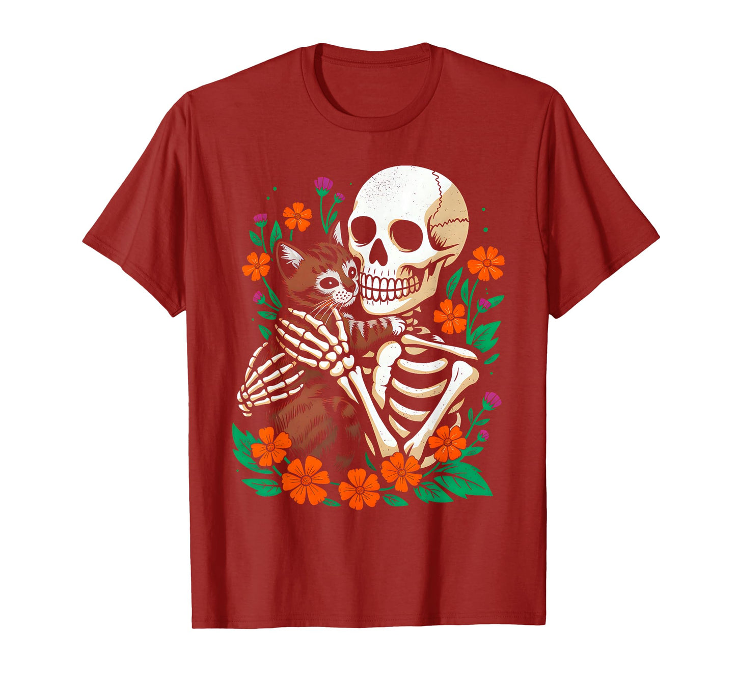 Skeleton Hugging Cat Floral Funny Halloween Cats Lover T-Shirt
