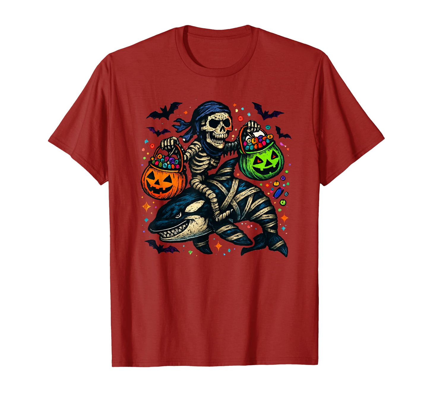 Skeleton Riding Mummy Orca Halloween Candy Whale T-Shirt