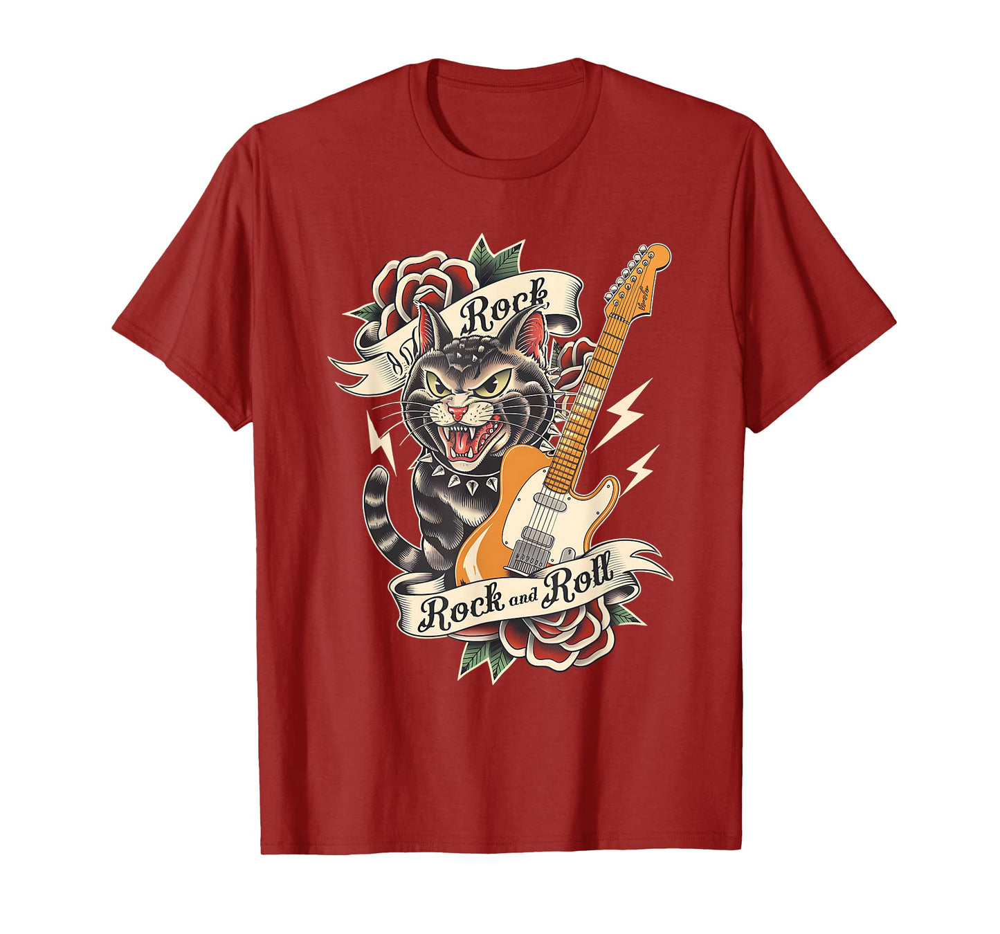 Rock and Roll Guitar Vintage Classic Tattoo Style Rock Cat T-Shirt