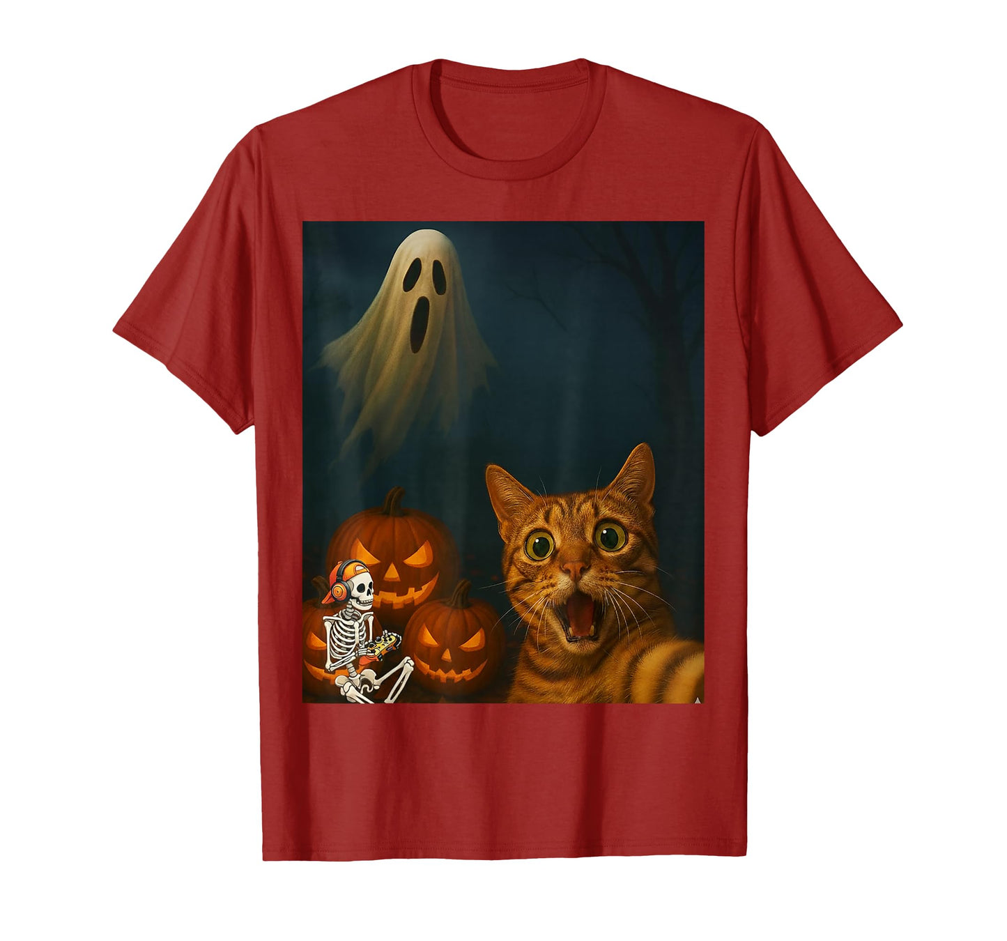 Funny Halloween Cat Selfie with Skeleton Ghost Video Game T-Shirt