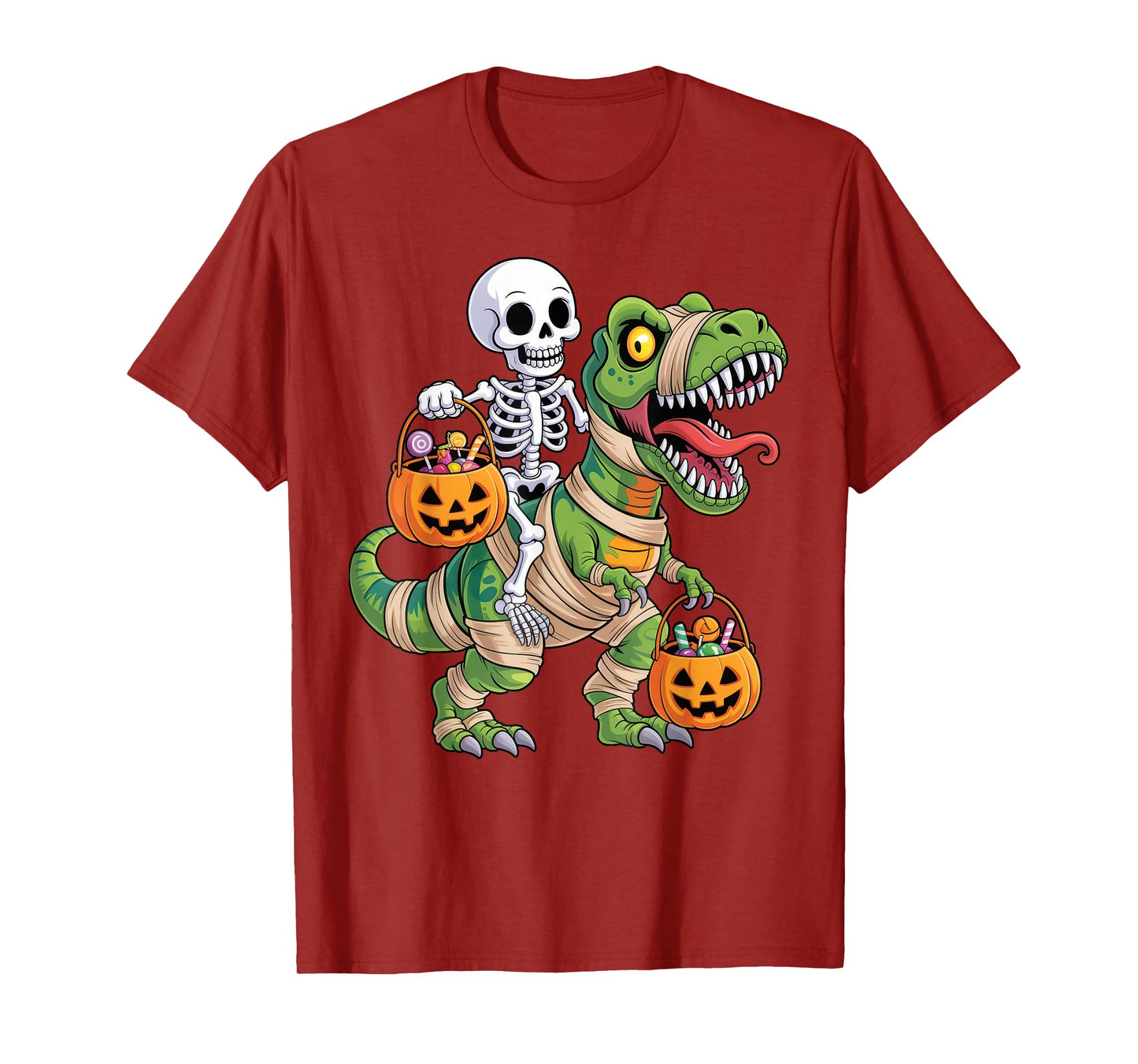 Skeleton Riding Mummy Dinosaur T rex Kids Boys Men Halloween T-Shirt