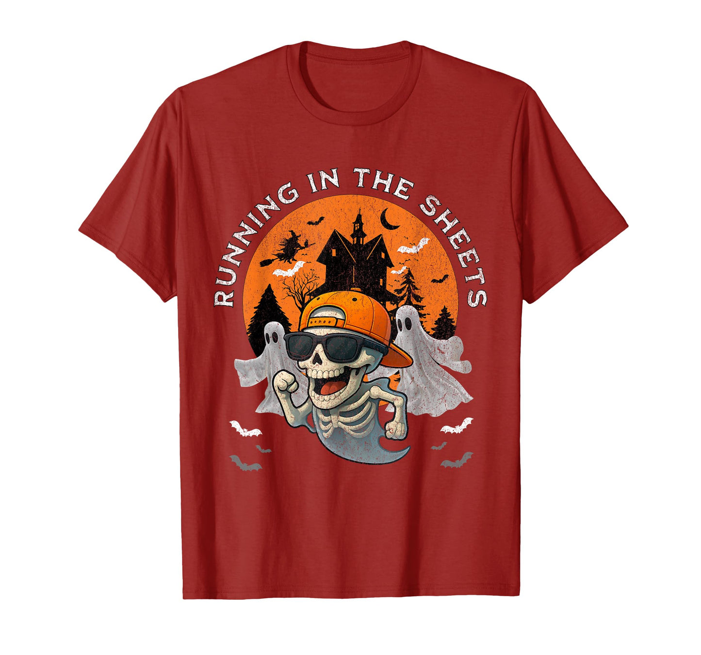 Funny Halloween Running in The Sheets Urban Skeleton Boy T-Shirt