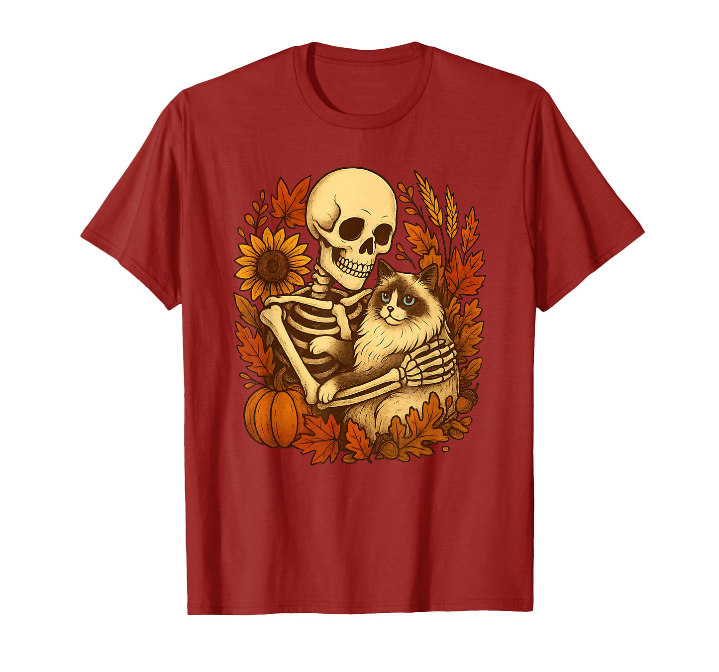 Skeleton Hugging Cat Halloween Cat Mom Dad Ragdoll Cat Lover T-Shirt
