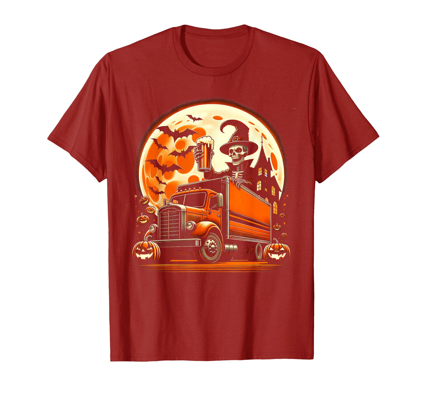Funny Skeleton Drinking Beer On Truck Pumpkins Halloween T-Shirt
