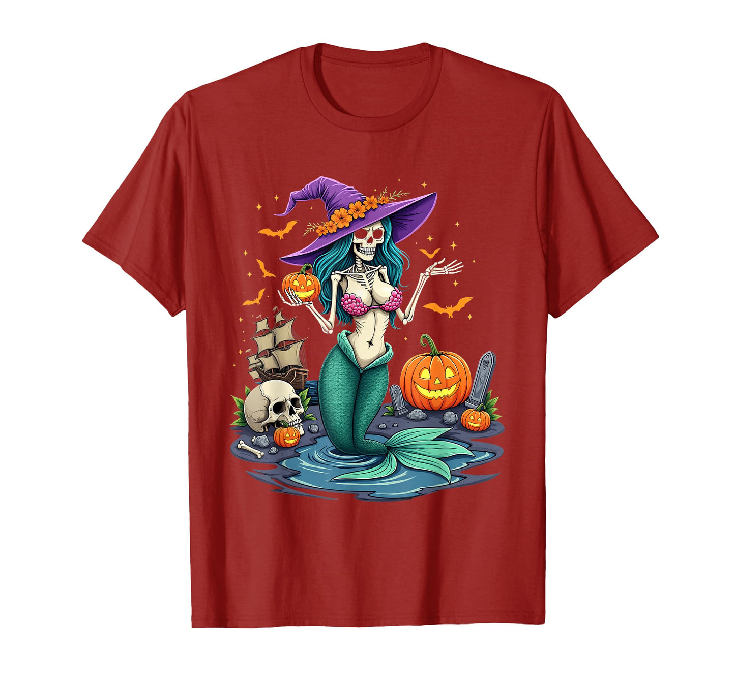Skeleton Mermaid Witch Pumpkin Ship Halloween T-Shirt
