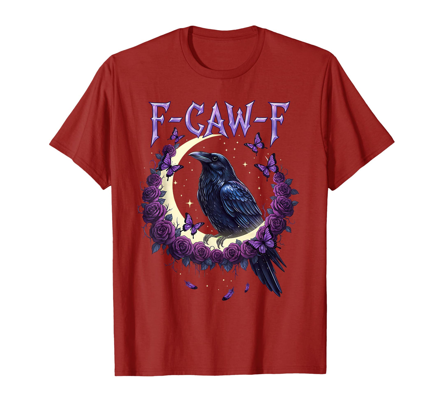 F CAW F Gothic Raven Crow Moon Roses Dark Fantasy Butterfly T-Shirt