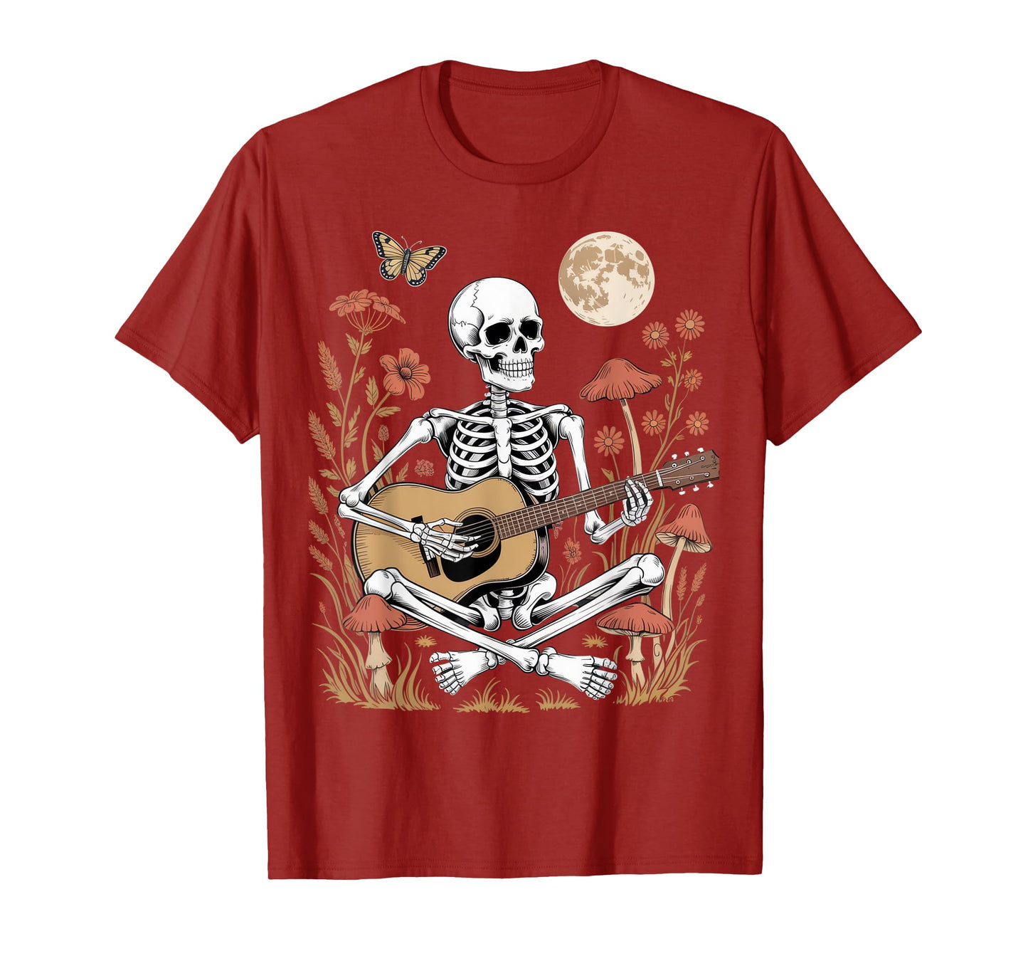 Skeleton Playing Guitar Under Moon with Wildflowers Mushroom T-Shirt