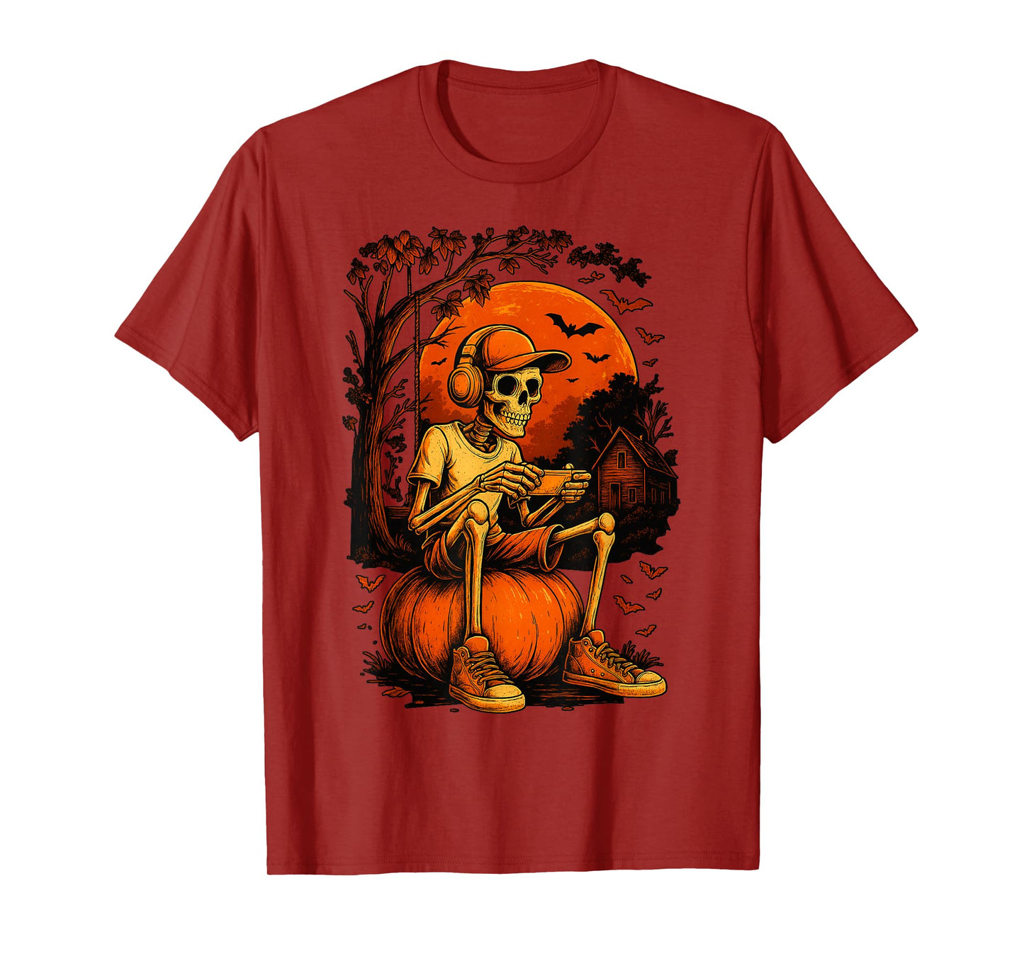 HUGvyn Halloween Skeleton Gamer Pumpkin Controller Kids Boys T-Shirt