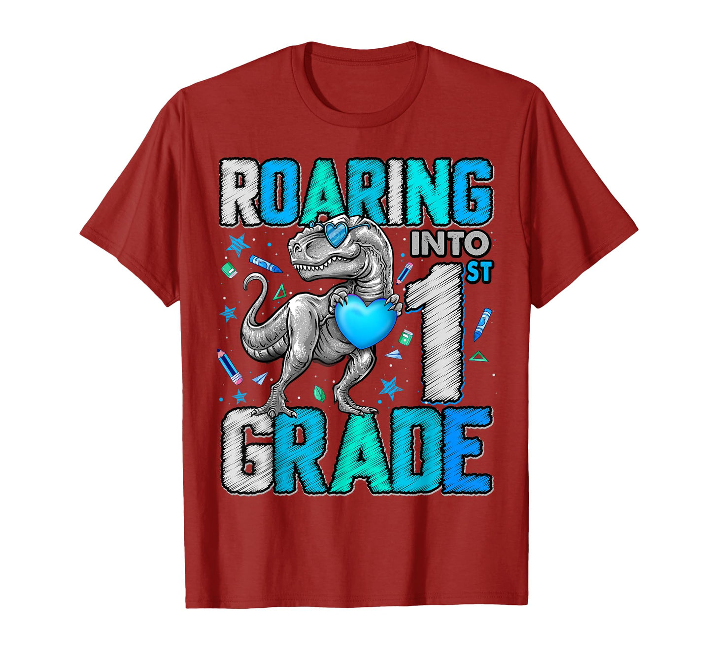 Roaring Into 1st Grade Dinosaur T Rex Back To School Boys T-Shirt