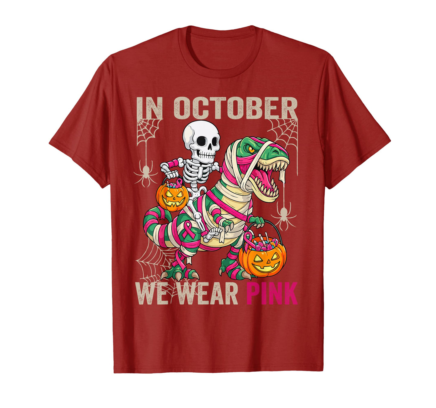 in October We Wear Pink Dinosaur Skeleton Halloween T-Shirt