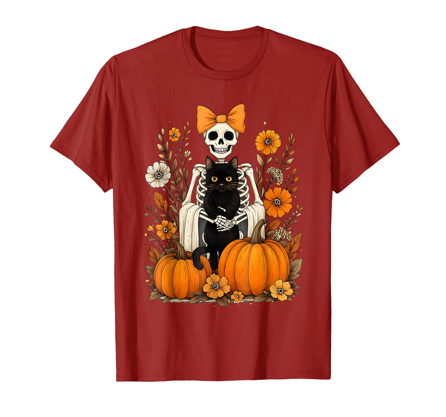 Halloween Skeleton with Black Cat Bow Autumn Pumpkins T-Shirt