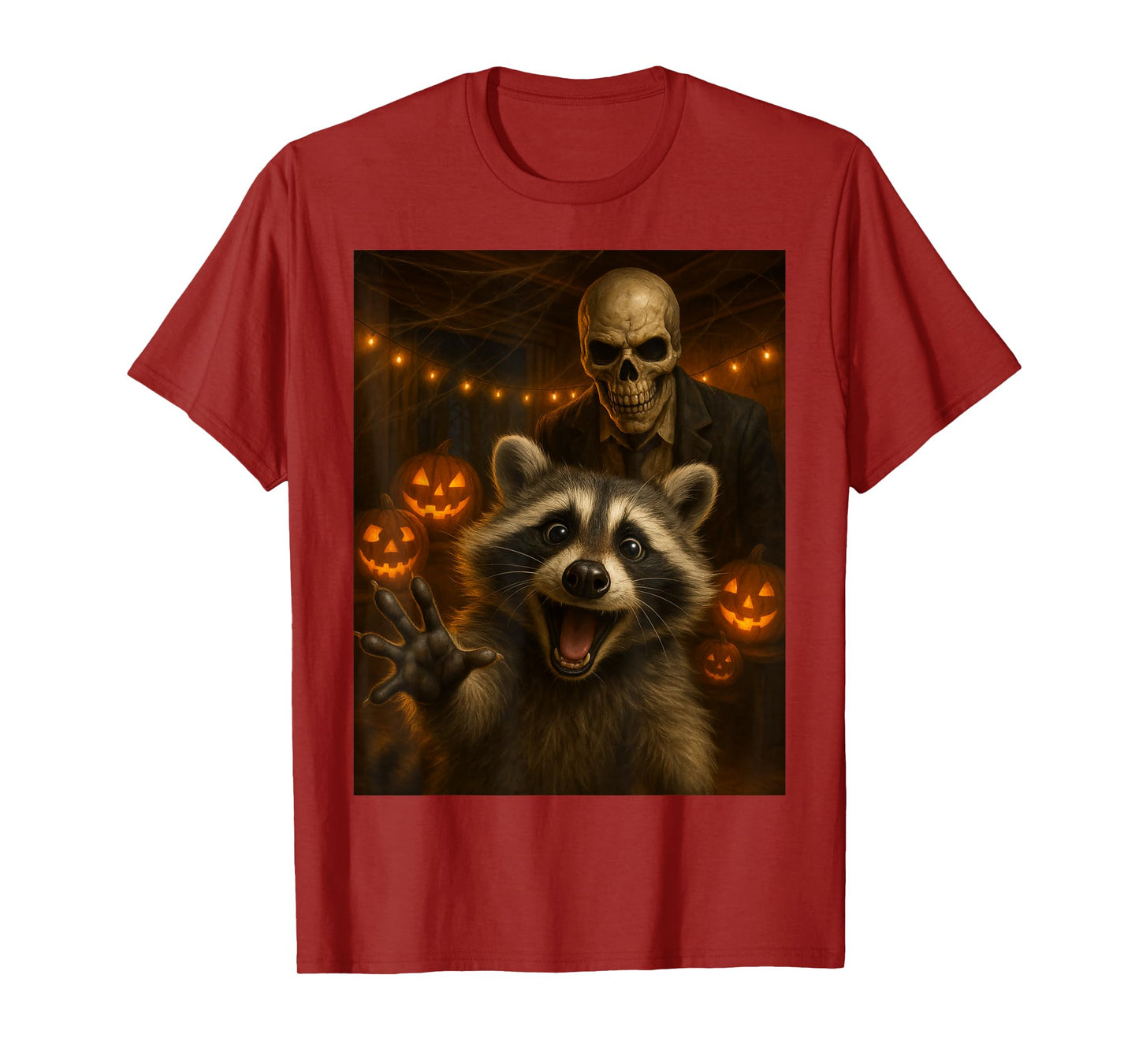 Happy Raccoon Selfie with Skeleton Funny Halloween Outfit T-Shirt
