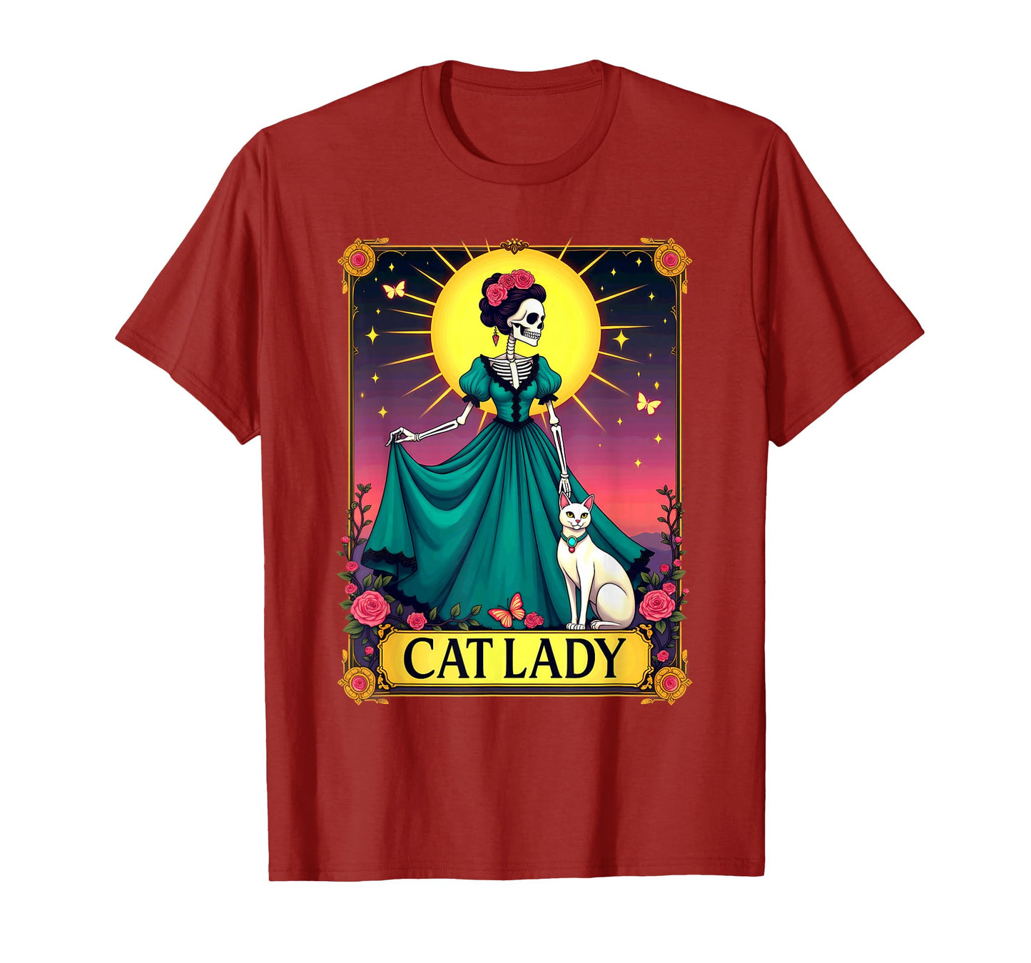 Retro Cat Lady Tarot Card Skeleton Halloween T-Shirt